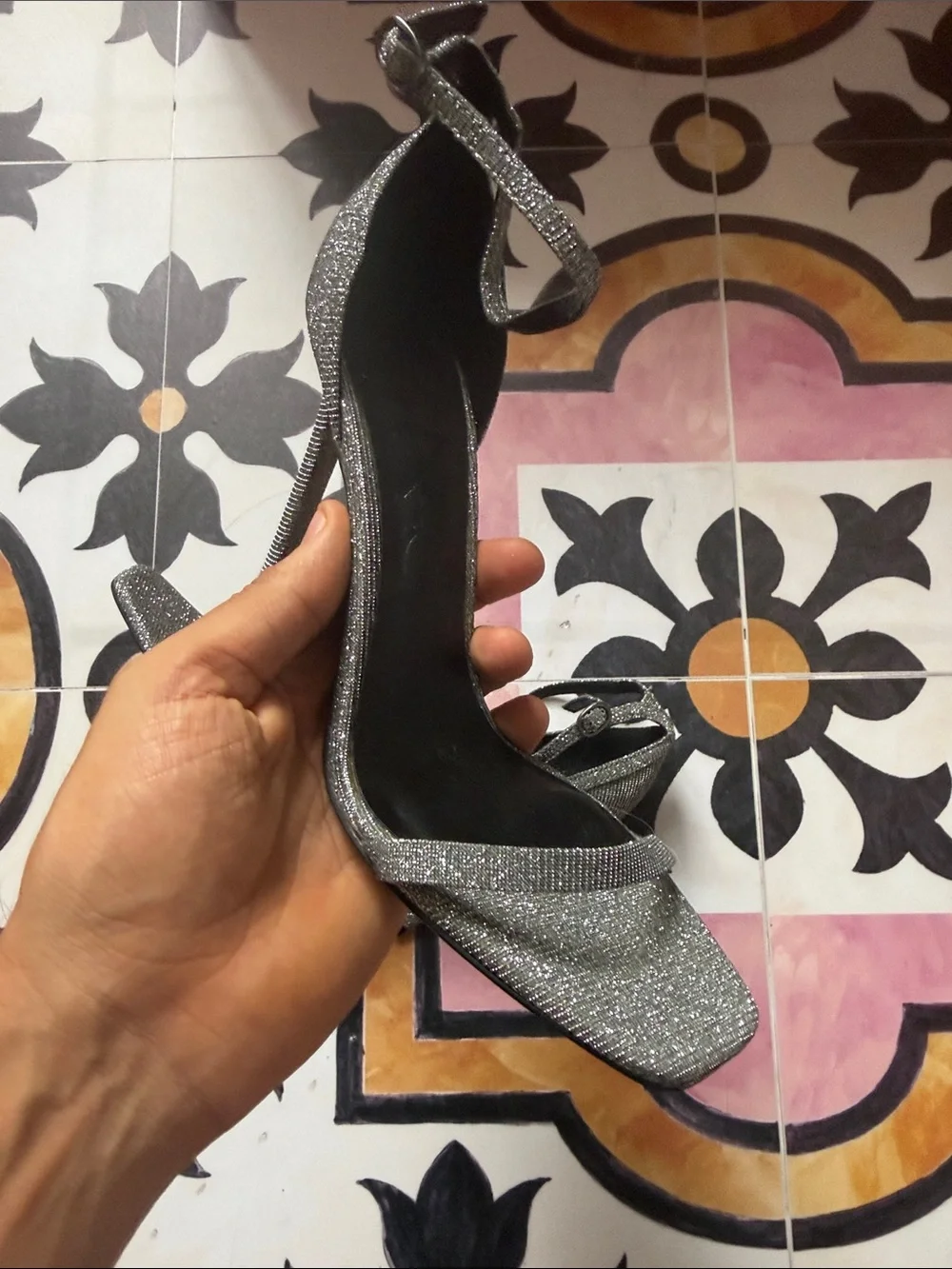 Mango Silver Glitter Ankle-Strap Stiletto Sandals